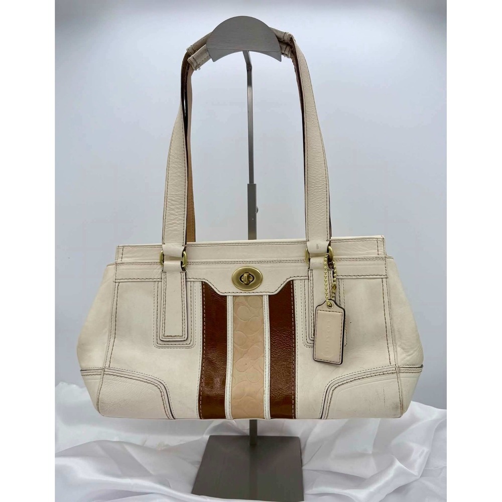 Coach Hamptons Stripe Leather Satchel Off White Brown Brass 11609